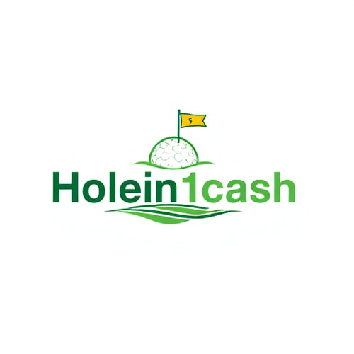 AI Design for Design a unique, modern, line-based logo for Holein1cash, a business that pays golfers for hole-in-ones. Avoid generic symbols — creatively integrate golf and money, such as a golf ball with a subtle dollar sign in its dimples or a golf hole with a flag transforming into a dollar bill. Use greens, whites, and golds with clean, modern sans-serif typography. Keep the design minimal, professional, and visually striking, using mostly lines and simple shapes, with subtle shadows or depth for interest. Ensure it is readable and memorable on web and mobile, with a white background.
