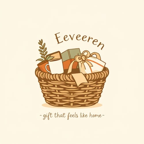 AI Design for Pictorial logo for a gift hamper company named "Everen": a cozy, woven basket overflowing with a few iconic, subtly rendered gift items like a warm mug, a small potted plant, and a neatly tied ribbon. Colors: warm earthy tones like terracotta, muted sage green, and creamy beige, with a hint of soft gold for the ribbon. Typography: A friendly, slightly handwritten-style serif font for "Everen" and a clean, approachable sans-serif for the slogan "gift that feels like home." Design influence and style direction: Scandinavian hygge and rustic charm, emphasizing comfort and thoughtful curation. Visual execution details: Gentle, organic lines, soft shading, and a hand-drawn quality. Background type: Solid, off-white or very light cream.