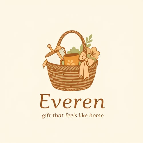 AI Design for Pictorial logo for a gift hamper company named "Everen": a cozy, woven basket overflowing with a few iconic, subtly rendered gift items like a warm mug, a small potted plant, and a neatly tied ribbon. Colors: warm earthy tones like terracotta, muted sage green, and creamy beige, with a hint of soft gold for the ribbon. Typography: A friendly, slightly handwritten-style serif font for "Everen" and a clean, approachable sans-serif for the slogan "gift that feels like home." Design influence and style direction: Scandinavian hygge and rustic charm, emphasizing comfort and thoughtful curation. Visual execution details: Gentle, organic lines, soft shading, and a hand-drawn quality. Background type: Solid, off-white or very light cream.