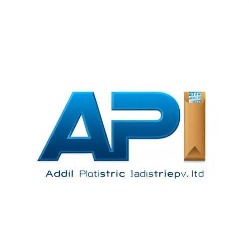 AI Design for Letterform for a plastic manufacturing company named "Adil Plastic Industries": API in logo, courier flyer bag picture integrated into the design, representing packaging and distribution. Cyan and dark blue, with a metallic silver accent for a modern and professional feel. Bold, sans-serif typography for "API" with clean, sharp edges. Design with a subtle futuristic and industrial influence, emphasizing efficiency and reliability. Visual execution with clean lines and a sense of motion for the flyer bag, subtly forming or interacting with the "API" letters. White background. write Adil Plastic Industries pvt ltd on bottom of logo