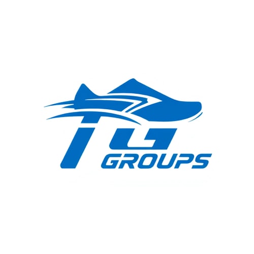 AI Design for Pictorial logo for a sports group named "T G Groups": An abstract, dynamic running shoe icon integrated with bold blue typography. Color palette: primarily bold blue with subtle grey or white accents. Typography: strong, athletic, and modern sans-serif font. Design influenced by motion and speed, with a clean and minimalist style direction. Visual execution: the shoe icon should appear to be in motion, perhaps with stylized lines suggesting movement, and the font should feel grounded yet energetic. Background: clean white or transparent. make it in red color 