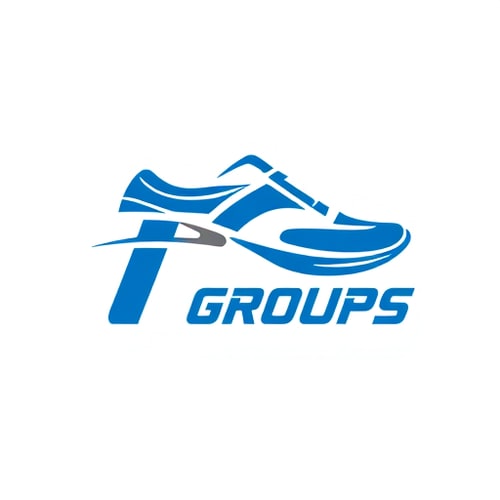 AI Design for Pictorial logo for a sports group named "T G Groups": An abstract, dynamic running shoe icon integrated with bold blue typography. Color palette: primarily bold blue with subtle grey or white accents. Typography: strong, athletic, and modern sans-serif font. Design influenced by motion and speed, with a clean and minimalist style direction. Visual execution: the shoe icon should appear to be in motion, perhaps with stylized lines suggesting movement, and the font should feel grounded yet energetic. Background: clean white or transparent. make it in red color 