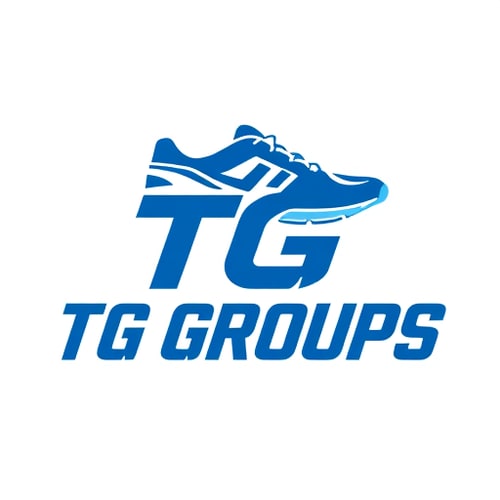 AI Design for Pictorial logo for a sports group named "T G Groups": An abstract, dynamic running shoe icon integrated with bold blue typography. Color palette: primarily bold blue with subtle grey or white accents. Typography: strong, athletic, and modern sans-serif font. Design influenced by motion and speed, with a clean and minimalist style direction. Visual execution: the shoe icon should appear to be in motion, perhaps with stylized lines suggesting movement, and the font should feel grounded yet energetic. Background: clean white or transparent.