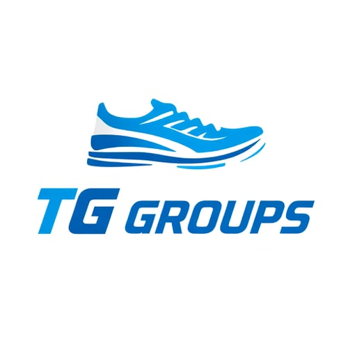 AI Design for Pictorial logo for a sports group named "T G Groups": An abstract, dynamic running shoe icon integrated with bold blue typography. Color palette: primarily bold blue with subtle grey or white accents. Typography: strong, athletic, and modern sans-serif font. Design influenced by motion and speed, with a clean and minimalist style direction. Visual execution: the shoe icon should appear to be in motion, perhaps with stylized lines suggesting movement, and the font should feel grounded yet energetic. Background: clean white or transparent.