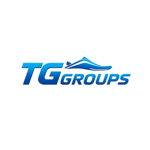 AI Design for 3D logo for T G Groups, a premium sporty shoe brand — A sleek blue typography of "T G Groups" paired with a dynamic, abstract running shoe symbol, compact and well-balanced, white background, professional and sophisticated, clean and modern, sporty and energetic, recognizable, 3D render, subtle gradients and metallic accents, clean white background