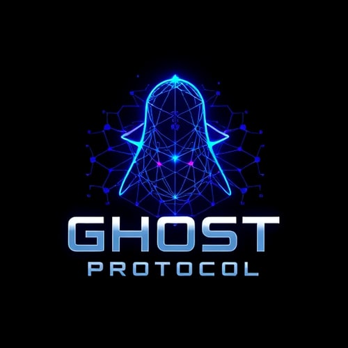 AI Design for Emblem for a spy hacking web that focuses on digital security and anonymous information access named "Ghost Protocol": Abstract interconnected network nodes forming a stylized ghost silhouette, deep blues, electric purples, and sharp silver accents, modern sans-serif with a slight digital distortion, inspired by cyberpunk aesthetics and stealth technology, a subtle glowing effect on the nodes and a clean, sharp outline for the ghost, dark, textured background.