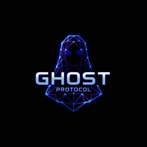 AI Design for Emblem for a spy hacking web that focuses on digital security and anonymous information access named "Ghost Protocol": Abstract interconnected network nodes forming a stylized ghost silhouette, deep blues, electric purples, and sharp silver accents, modern sans-serif with a slight digital distortion, inspired by cyberpunk aesthetics and stealth technology, a subtle glowing effect on the nodes and a clean, sharp outline for the ghost, dark, textured background.