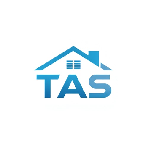 AI Design for Minimalist for an HVAC company named TAS: Clean, modern geometric representation of air flow or a stylized house with an integrated air vent, Cool blues and grays with a subtle accent of green or orange. Sans-serif, professional, and highly legible font. Design inspired by modern architectural lines and energy efficiency, with sharp edges and smooth curves, emphasizing precision and reliability. Visual execution using negative space and subtle gradients for depth. White or transparent background.