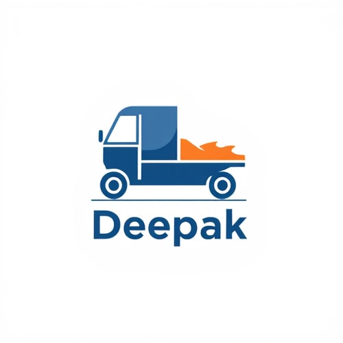 AI Design for Minimalist for a loader rickshaw transport service named "Deepak": A stylized loader rickshaw with the name "Deepak" integrated into its design, suggesting movement and reliability. Gradient blues and greys, with a touch of vibrant orange for energy. Bold, sans-serif typeface for "Deepak". Design inspired by Indian road art and modern logistical efficiency, clean lines and abstract shapes, solid background.