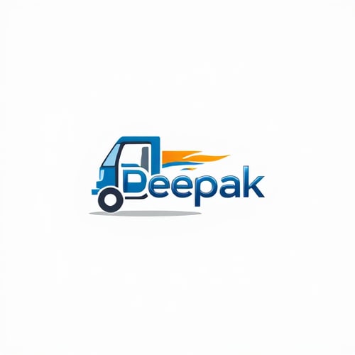 AI Design for Minimalist for a loader rickshaw transport service named "Deepak": A stylized loader rickshaw with the name "Deepak" integrated into its design, suggesting movement and reliability. Gradient blues and greys, with a touch of vibrant orange for energy. Bold, sans-serif typeface for "Deepak". Design inspired by Indian road art and modern logistical efficiency, clean lines and abstract shapes, solid background.