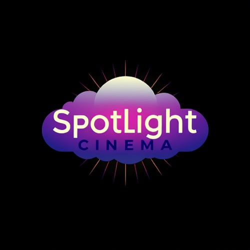 AI Design for Genrate a picture of Spotlight Cinema written on the cloud in many colors 