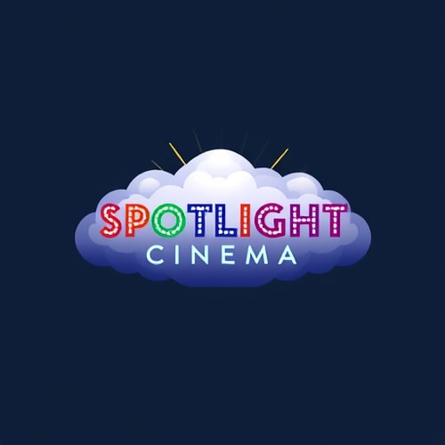 AI Design for Genrate a picture of Spotlight Cinema written on the cloud in many colors 