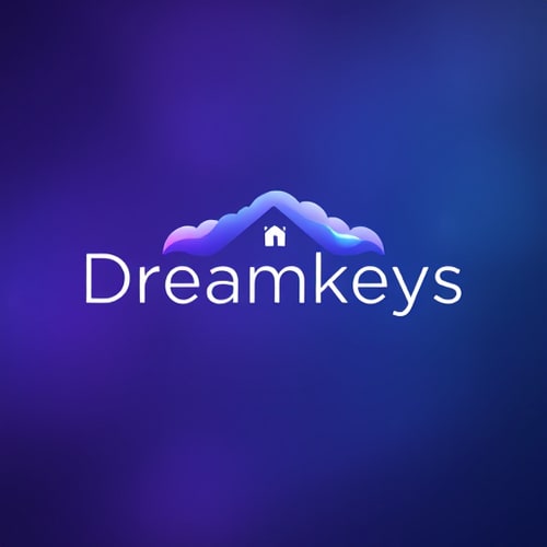AI Design for Letterform logo for a mysterious, dream-themed brand named "Dreamkeys": stylized letters 'z' in lowercase, resembling wisps of cloud at the center, with capitalized letters at the end of thin, strip-like forms. The "pertens" (assuming this refers to a visual element representing the "keys") should resemble small house icons. Colors: a gradient of deep indigo to ethereal violet, with subtle highlights of pearlescent white. Typography: a modern, slightly elongated sans-serif font for any accompanying text. Design influence from abstract art and celestial imagery, with a surrealist style. Visual execution should be sleek and slightly glowing, with delicate lines. Background type: a soft, nebulous gradient.