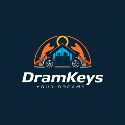 AI Design for we sale key chains for dream bike dream car and dream house it should represent on logo image key inside of logo content like Dreamkeys compant name dramkeys qoute unlock your dreams