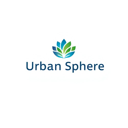 AI Design for Minimalist logo for "Urban Sphere". Abstract representation of trust and growth, using a blue and green color palette. Incorporate natural forms with modern geometric shapes. Apply subtle gradient transitions for visual depth. Use clean sans-serif typography, centered or aligned with the icon. Background should be pure white, overall style professional, scalable, and modern.