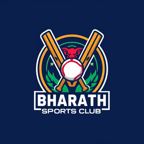 AI Design for i want to logo in cricket jersey actual my idea is background in circle type then inside has background in cricket dual bat and one ball in middle then lower side BHARATH SPORTS CLUB ok. please create a logo in my idea please style and attract color logo give me fast