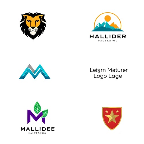 AI Design for Create a professional logo grid with 6 distinct designs in a 3x2 layout. Top row: 1) A geometric lion head logo in gold and black, 2) A minimalist mountain range with a sun icon in orange and dark blue, 3) An abstract wave pattern forming a circle in teal and navy. Bottom row: 4) A modern letter 'M' made of interconnected lines in purple and gray, 5) A leaf intertwined with a digital circuit pattern in green and blue, 6) A shield with a star emblem in red and gold. All logos have clean white backgrounds, professional styling, and equal spacing in the grid."
