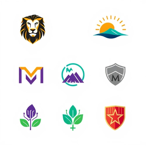 AI Design for Create a professional logo grid with 6 distinct designs in a 3x2 layout. Top row: 1) A geometric lion head logo in gold and black, 2) A minimalist mountain range with a sun icon in orange and dark blue, 3) An abstract wave pattern forming a circle in teal and navy. Bottom row: 4) A modern letter 'M' made of interconnected lines in purple and gray, 5) A leaf intertwined with a digital circuit pattern in green and blue, 6) A shield with a star emblem in red and gold. All logos have clean white backgrounds, professional styling, and equal spacing in the grid."