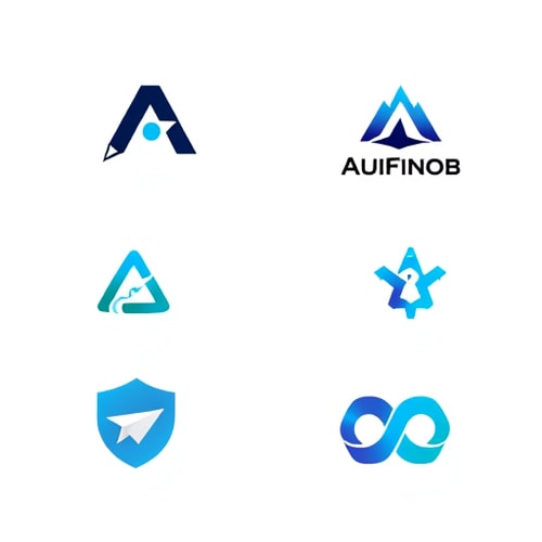 AI Design for Create a clean, professional logo grid layout for a Fiverr gig featuring 6 distinct logo concepts. The top row should have three logos: 1) A modern minimalist logo with a stylized letter 'A' formed by a pen nib and digital cursor using navy blue to cyan gradient, 2) An abstract geometric logo of interconnected hexagons forming a lightbulb in teal and navy blue, 3) A elegant fusion logo combining a mountain peak and rising wave in dark blue to teal gradient. The bottom row should have three logos: 4) A shield-shaped logo with a stylized key icon in royal blue and silver gray, 5) A creative logo of a paper plane transforming into a bird in sky blue to ocean blue gradient, 6) An infinity symbol made with interconnected puzzle pieces in indigo and turquoise. All logos should have a clean white background, professional presentation, and be arranged in a balanced 3x2 grid with equal spacing between them."