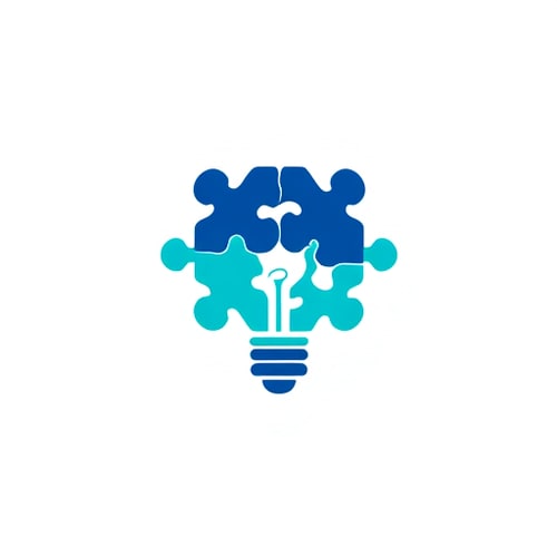 AI Design for Puzzle pieces forming a lightbulb, deep blue and bright teal, represents solutions and ideas
