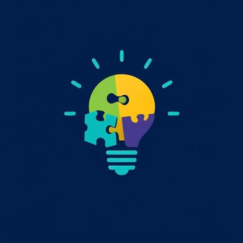 AI Design for Puzzle pieces forming a lightbulb, deep blue and bright teal, represents solutions and ideas