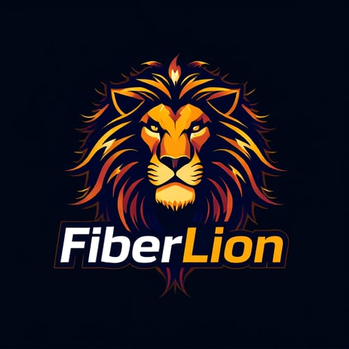 AI Design for A premium mascot logo for a fiber internet brand named "FiberLion". The logo features a majestic lion's head where its mane is artistically crafted from flowing, radiant lines of fiber optic light. The style is detailed, majestic, and symbolizes strength and being the king of speed. Use a rich color palette of gold, amber, and dark blue. Unique, brandable, and eye-catching. --style raw