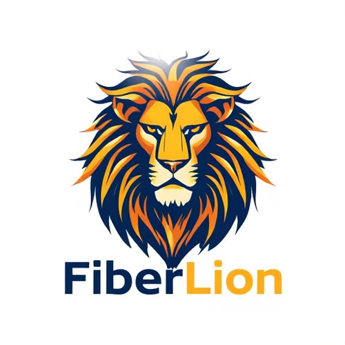 AI Design for A premium mascot logo for a fiber internet brand named "FiberLion". The logo features a majestic lion's head where its mane is artistically crafted from flowing, radiant lines of fiber optic light. The style is detailed, majestic, and symbolizes strength and being the king of speed. Use a rich color palette of gold, amber, and dark blue. Unique, brandable, and eye-catching. --style raw
