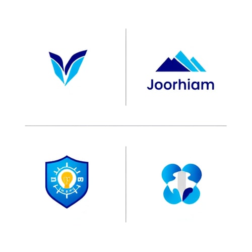 AI Design for Create a clean, professional logo grid layout for a Fiverr gig featuring 6 distinct logo concepts. The top row has three logos: 1) A modern minimalist logo with a stylized letter formed by combining a sleek pen nib and digital cursor using a gradient from navy blue (#0A2463) to cyan (#00B4D8), 2) An abstract geometric logo of interconnected hexagons forming a lightbulb in teal (#009688) and navy blue (#0D47A1), 3) An elegant fusion logo combining a mountain peak and rising wave in dark blue (#1976D2) to teal gradient. The bottom row has three logos: 4) A shield-shaped logo with a stylized key icon in royal blue (#1565C0) and silver gray (#B0BEC5), 5) A creative logo of a paper plane transforming into a bird in sky blue (#03A9F4) to ocean blue (#01579B) gradient, 6) An infinity symbol made with interconnected puzzle pieces in indigo (#283593) and turquoise (#00BCD4). All logos have a clean white background, professional presentation, and are arranged in a balanced 3x2 grid with equal spacing between them."