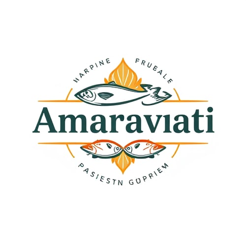 AI Design for  i want a restaurant name Amaravati with 5 fishess and two breads merge in it, stalish