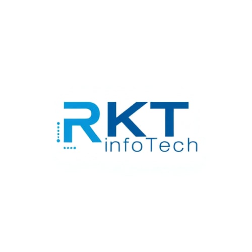 AI Design for Minimalist for a technology company named "RKT InfoTech": clean lines, abstract representation of data flow, sophisticated blues and grays, modern sans-serif typeface. Design with a futuristic and professional influence, abstract geometric shapes, solid background.
