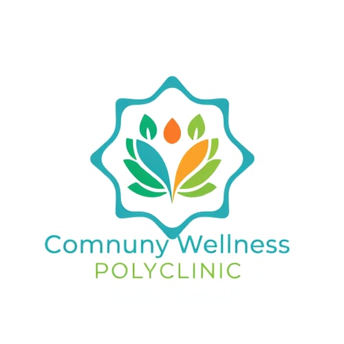 AI Design for Professional logo design for "Community Wellness Polyclinic".  
Concept: a modern medical coworking hub where doctors rent private cabins to serve the community.  
Design should combine the idea of community + healthcare + professional spaces.  
Use abstract shapes like connected circles, flowing lines, or hexagons to symbolize collaboration and network.  
In the center, a unique wellness icon: a stylized human figure rising like a sunrise or a blooming leaf, representing holistic health and positivity.  
Avoid using generic red cross or hospital icons.  
Color palette: calming blue (trust), vibrant green (wellness), and warm orange (energy).  
Style: minimal, flat vector, futuristic yet human, perfect for trademark and branding.  
Typography: clean sans-serif, bold for “Community Wellness”, lighter for “Polyclinic”.