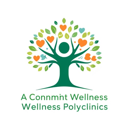 AI Design for Logo design for "A Community Wellness Polyclinic". A tree where the trunk is a human figure with open arms and the leaves are shaped like small hearts and medical icons. Color scheme: green, blue, and a hint of orange. Modern, flat, minimal, vector style, clean background. 