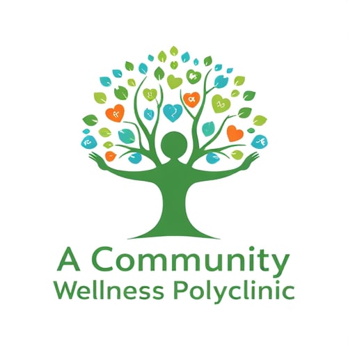 AI Design for Logo design for "A Community Wellness Polyclinic". A tree where the trunk is a human figure with open arms and the leaves are shaped like small hearts and medical icons. Color scheme: green, blue, and a hint of orange. Modern, flat, minimal, vector style, clean background. 