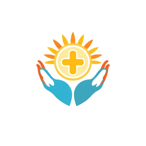 AI Design for Logo design for "A Community Wellness Polyclinic". Two caring hands gently holding a circle that contains a rising sun and a medical cross inside. Colors: warm orange and yellow for the sun, blue for trust, green for wellness. Clean, modern vector logo, minimalist, no background. 