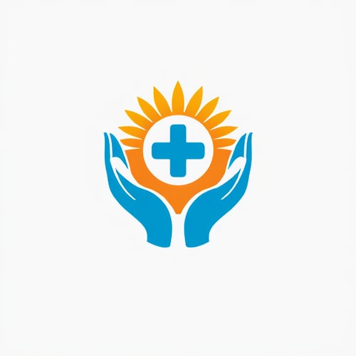 AI Design for Logo design for "A Community Wellness Polyclinic". Two caring hands gently holding a circle that contains a rising sun and a medical cross inside. Colors: warm orange and yellow for the sun, blue for trust, green for wellness. Clean, modern vector logo, minimalist, no background. 
