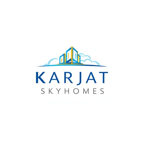 AI Design for Minimalist logo for a modern real estate and housing community named "Karjat Skyhomes": Abstract sky elements blended with an architectural symbol, shades of blue, white, and a touch of gold, clean and aspirational typography. Design with a futuristic and elegant influence, subtle cloud formations and geometric building outlines, on a clean white background.