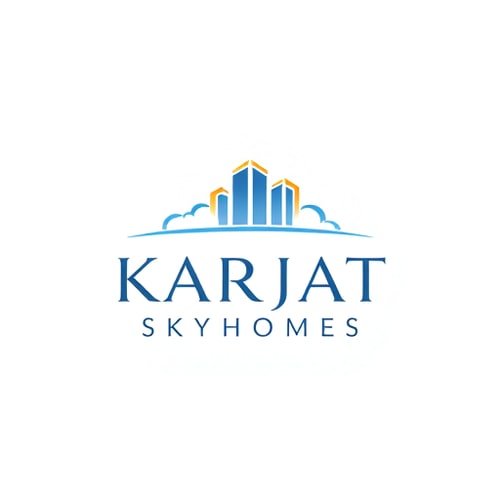 AI Design for Minimalist logo for a modern real estate and housing community named "Karjat Skyhomes": Abstract sky elements blended with an architectural symbol, shades of blue, white, and a touch of gold, clean and aspirational typography. Design with a futuristic and elegant influence, subtle cloud formations and geometric building outlines, on a clean white background.