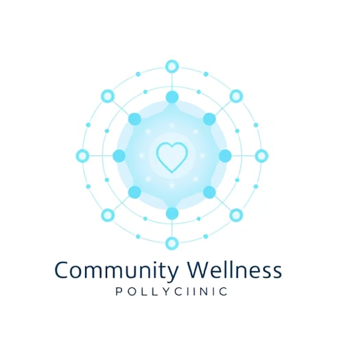 AI Design for A modern, futuristic logo showing interconnected dots and thin glowing lines forming a circular network, symbolizing connection and collaboration in healthcare. Central node glowing softly, surrounded by smaller orbits representing doctors and community. Minimal, premium, clean vector design on white background. Use gradient shades of teal, blue, and silver. Typography sleek sans-serif below reading “Community Wellness Polyclinic”. Visual balance of science and empathy, futuristic yet human.