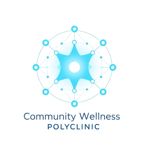 AI Design for A modern, futuristic logo showing interconnected dots and thin glowing lines forming a circular network, symbolizing connection and collaboration in healthcare. Central node glowing softly, surrounded by smaller orbits representing doctors and community. Minimal, premium, clean vector design on white background. Use gradient shades of teal, blue, and silver. Typography sleek sans-serif below reading “Community Wellness Polyclinic”. Visual balance of science and empathy, futuristic yet human.