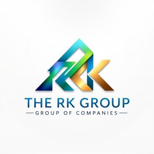 AI Design for 3D emblem logo for a diversified conglomerate named "THE RK GROUP GROUP OF COMPANIES" with a business growing theme: Abstract upward-trending geometric shapes forming a stylized "RK" intertwined with subtle imagery of growth and progress. Vibrant gradient of blues, greens, and golds, transitioning from deep blues at the base to bright golds at the peak. Bold, modern sans-serif typeface for "THE RK GROUP" with a slightly more refined, yet still strong, sans-serif for "GROUP OF COMPANIES" positioned subtly beneath. Design influenced by modern corporate architecture and abstract representation of upward momentum. Visual execution with polished metallic textures, subtle reflections, and sharp, clean edges. Subtle, soft gradient background.