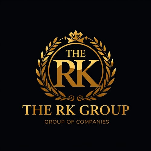 AI Design for 3D Emblem logo for a group of companies named "THE RK GROUP": A majestic golden emblem showcasing the letters "RK" intertwined with subtle corporate imagery, evoking trust and prestige. Golden hues with deep navy or black accents., Elegant serif font for "THE RK GROUP" and a clean, modern sans-serif for "GROUP OF COMPANIES". Design with a classic, luxurious, and authoritative influence. Incorporate intricate detailing on the emblem, polished metallic textures, and subtle light reflections. A clean, dark background.