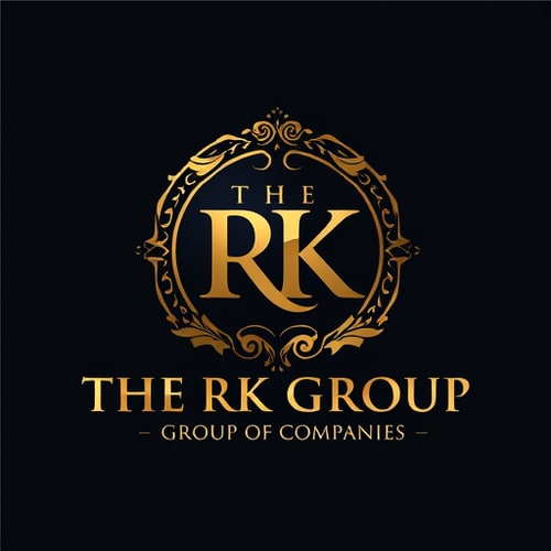 AI Design for 3D Emblem logo for a group of companies named "THE RK GROUP": A majestic golden emblem showcasing the letters "RK" intertwined with subtle corporate imagery, evoking trust and prestige. Golden hues with deep navy or black accents., Elegant serif font for "THE RK GROUP" and a clean, modern sans-serif for "GROUP OF COMPANIES". Design with a classic, luxurious, and authoritative influence. Incorporate intricate detailing on the emblem, polished metallic textures, and subtle light reflections. A clean, dark background.
