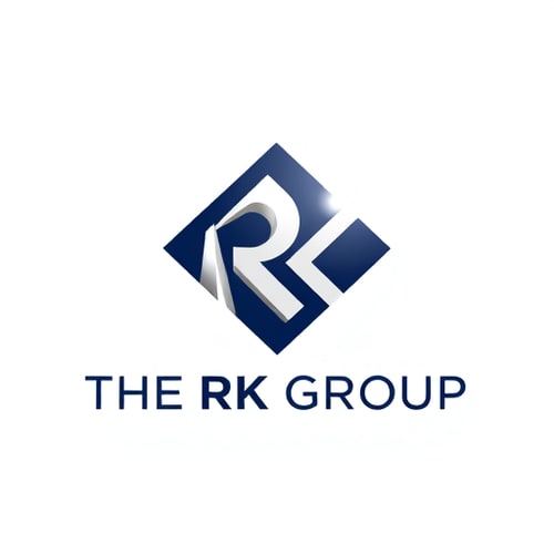 AI Design for Minimalist logo for a diverse group of companies named "THE RK GROUP": Abstract geometric shape representing unity and growth, deep navy blue, silver, and a subtle hint of gold, clean and modern sans-serif font. Design with an emphasis on professionalism and trust, a single, bold, stylized "RK" monogram subtly integrated into the geometric form, and a clean white background.