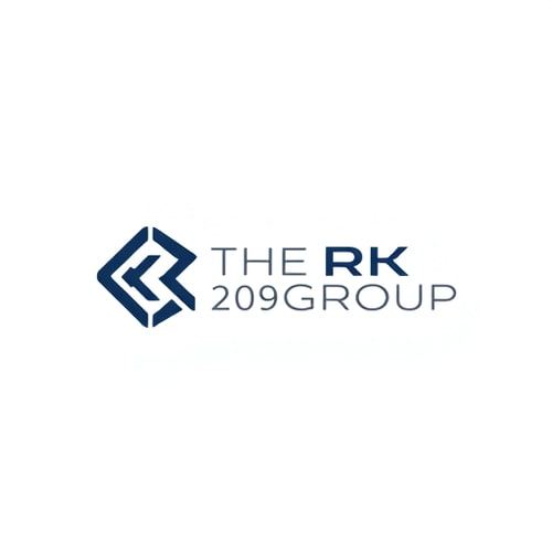 AI Design for Minimalist logo for a diverse group of companies named "THE RK GROUP": Abstract geometric shape representing unity and growth, deep navy blue, silver, and a subtle hint of gold, clean and modern sans-serif font. Design with an emphasis on professionalism and trust, a single, bold, stylized "RK" monogram subtly integrated into the geometric form, and a clean white background.