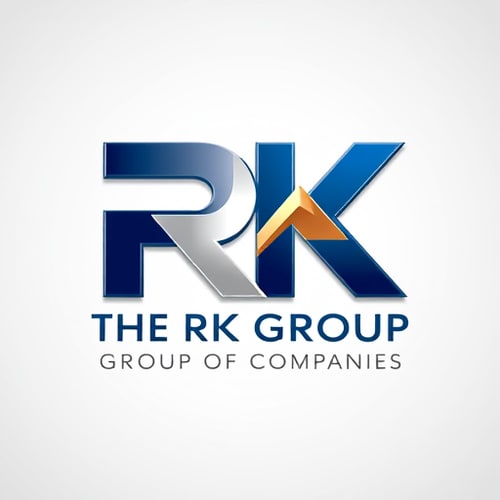 AI Design for 3D Letterform logo for a diversified business conglomerate named "THE RK GROUP" "GROUP OF COMPANIES": Abstract, interconnected geometric shapes forming the letters RK, with the tagline subtly integrated, Deep blues and metallic silver, with subtle gold accents, Sleek, modern, and authoritative sans-serif typography, Professional and sophisticated design, with sharp edges and a polished metallic finish, subtle gradient lighting to enhance depth, clean, professional gradient background