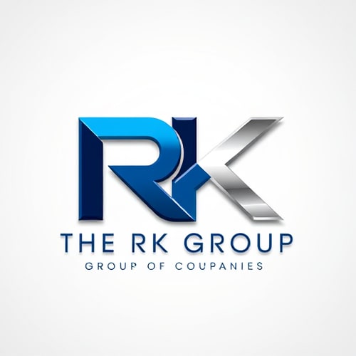 AI Design for 3D Letterform logo for a diversified business conglomerate named "THE RK GROUP" "GROUP OF COMPANIES": Abstract, interconnected geometric shapes forming the letters RK, with the tagline subtly integrated, Deep blues and metallic silver, with subtle gold accents, Sleek, modern, and authoritative sans-serif typography, Professional and sophisticated design, with sharp edges and a polished metallic finish, subtle gradient lighting to enhance depth, clean, professional gradient background