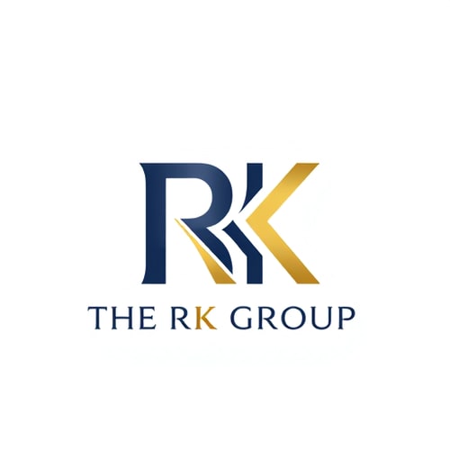 AI Design for Letterform for a diversified conglomerate named "THE RK GROUP": Interlocking 'R' and 'K' forming a strong, unified symbol representing the group's diverse businesses, with a subtle upward movement suggesting growth and ambition. A sophisticated and modern color palette of deep navy blue, brushed gold, and a touch of charcoal grey. Bold, sans-serif typography with a slightly extended width for a sense of stability and prestige. Design with an influence of modern corporate branding and architectural precision, with a visual execution of clean lines, sharp angles, and subtle metallic gradients. A solid, neutral background.