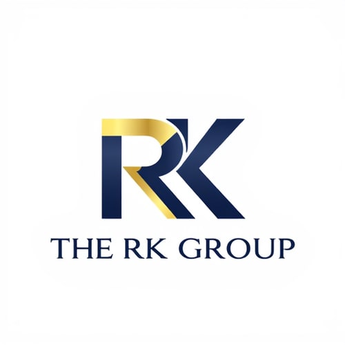 AI Design for Letterform for a diversified conglomerate named "THE RK GROUP": Interlocking 'R' and 'K' forming a strong, unified symbol representing the group's diverse businesses, with a subtle upward movement suggesting growth and ambition. A sophisticated and modern color palette of deep navy blue, brushed gold, and a touch of charcoal grey. Bold, sans-serif typography with a slightly extended width for a sense of stability and prestige. Design with an influence of modern corporate branding and architectural precision, with a visual execution of clean lines, sharp angles, and subtle metallic gradients. A solid, neutral background.