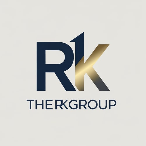 AI Design for Letterform for a diversified conglomerate named "THE RK GROUP": Interlocking 'R' and 'K' forming a strong, unified symbol representing the group's diverse businesses, with a subtle upward movement suggesting growth and ambition. A sophisticated and modern color palette of deep navy blue, brushed gold, and a touch of charcoal grey. Bold, sans-serif typography with a slightly extended width for a sense of stability and prestige. Design with an influence of modern corporate branding and architectural precision, with a visual execution of clean lines, sharp angles, and subtle metallic gradients. A solid, neutral background.