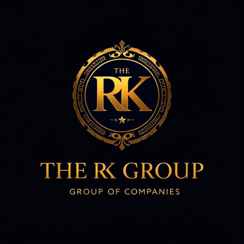 AI Design for 3D Emblem logo for a group of companies named "THE RK GROUP": A majestic golden emblem showcasing the letters "RK" intertwined with subtle corporate imagery, evoking trust and prestige. Golden hues with deep navy or black accents., Elegant serif font for "THE RK GROUP" and a clean, modern sans-serif for "GROUP OF COMPANIES". Design with a classic, luxurious, and authoritative influence. Incorporate intricate detailing on the emblem, polished metallic textures, and subtle light reflections. A clean, dark background.